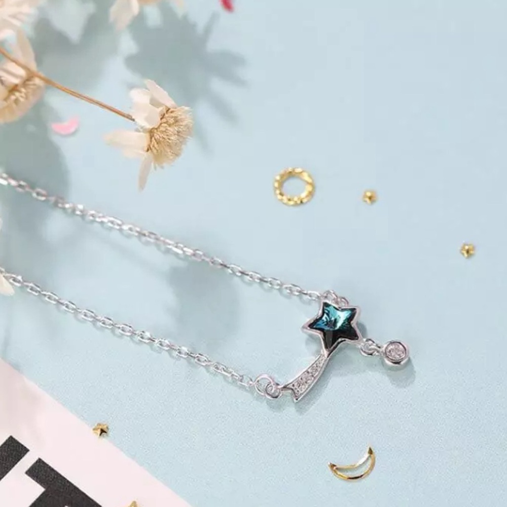 Silver and Blue Star Crescent Necklace